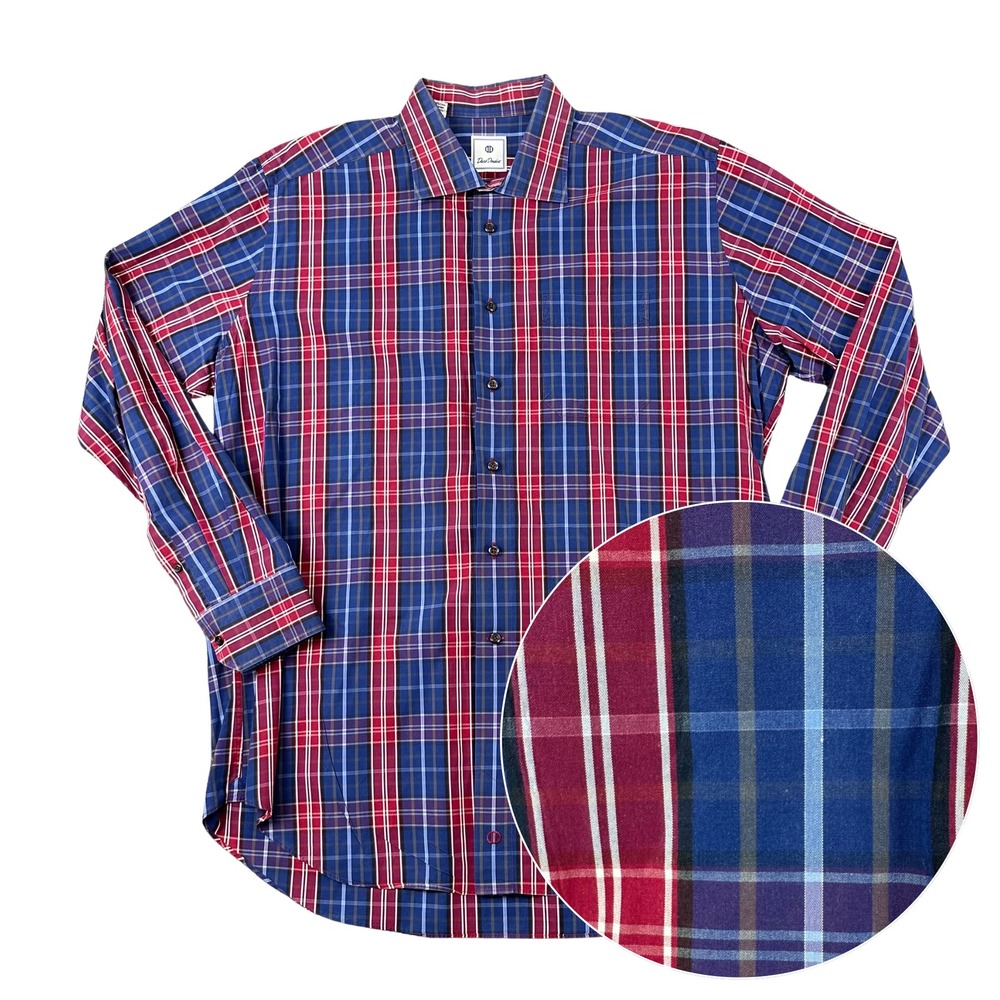 David Donahue Dress Shirt Mens XXL Blue Red Plaid 100% Cotton Button Down